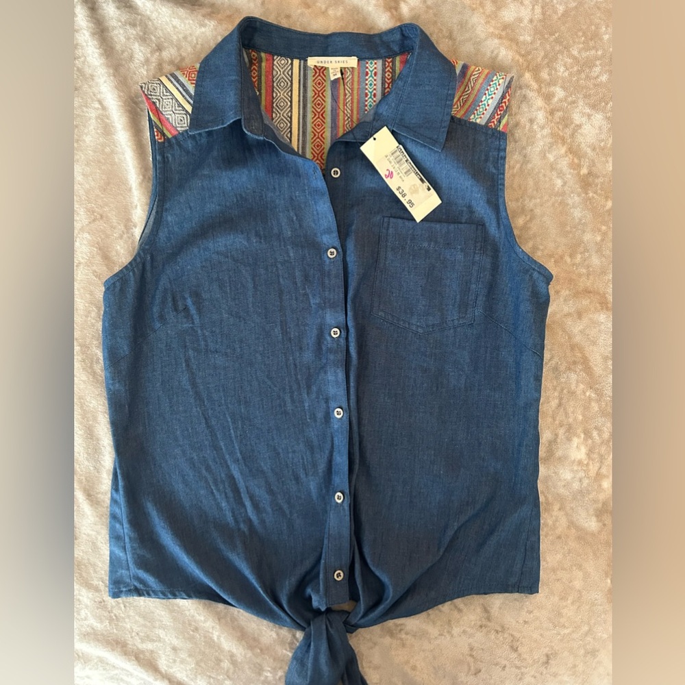 Never Worn* Denim Button Down Top with Fun Design